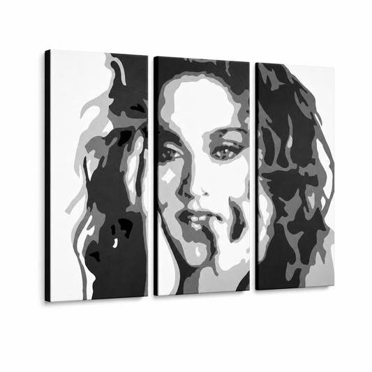 Ръчно рисувана картина POP Art MADONNA 3 парчета ma3 – 3D визуализация на ръчно рисувано платно на бял фон. Доминиращи цветове: черно, бяло, сиво.