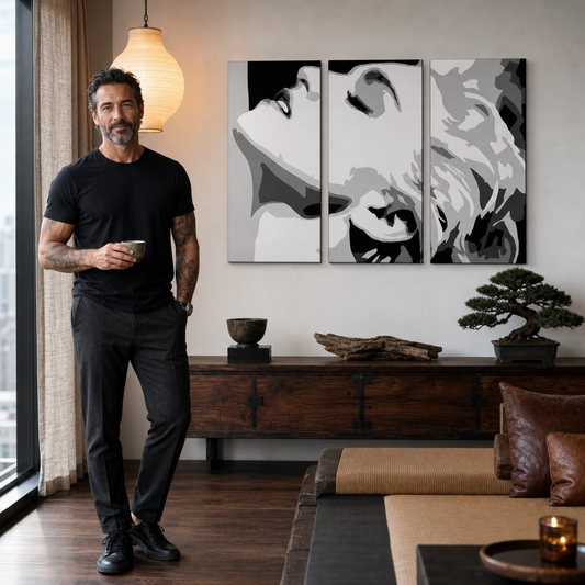 Ръчно рисувана картина POP Art MADONNA 3 парчета ma5 – картина в модерен мъжки интериор, lifestyle визуализация. Доминиращи цветове: bielá, черно, сиво.
