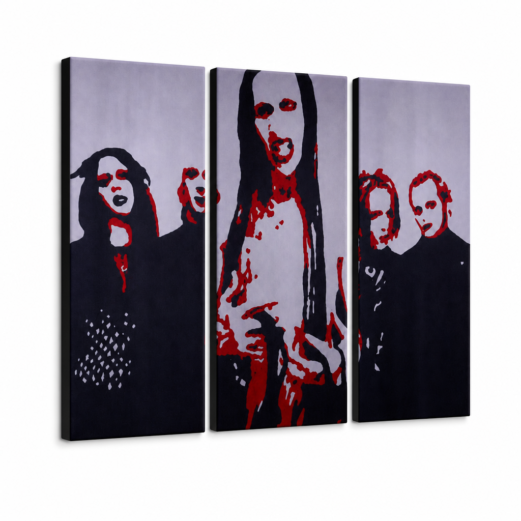 Ръчно рисувана картина POP Art Marilyn Manson 3 парчета мм – 3D визуализация на ръчно рисувано платно на бял фон. Доминиращи цветове: черно, червено, бяло.