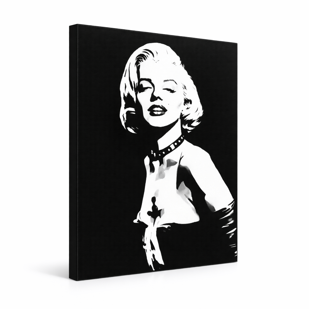 Ръчно рисувана картина POP Art Marilyn MONROE 1 брой mon5 – 3D визуализация на ръчно рисувано платно на бял фон. Доминиращи цветове: черно, бяло, сиво.
