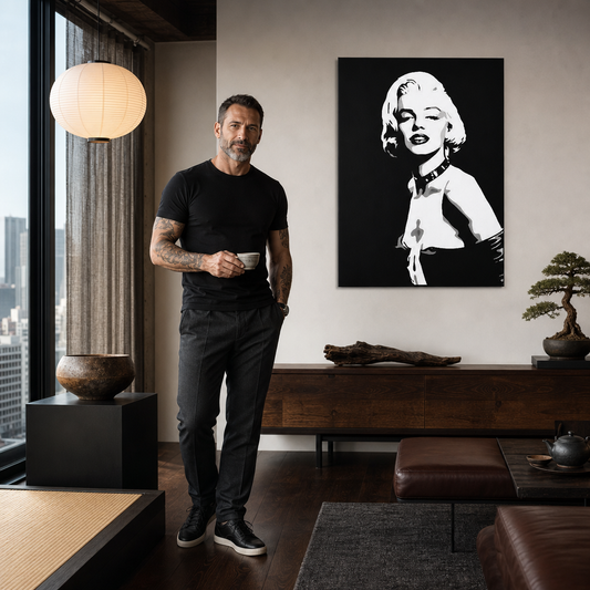 Ръчно рисувана картина POP Art Marilyn MONROE 1 брой mon5 – картина в модерен мъжки интериор, lifestyle визуализация. Доминиращи цветове: черно, бяло, сиво.