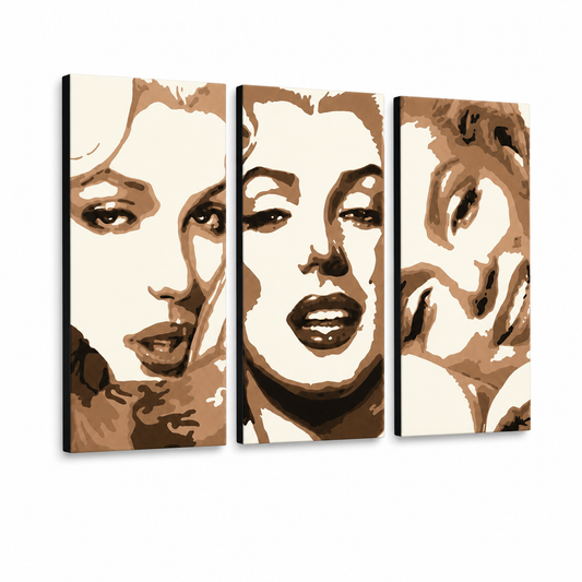 Ръчно рисувана картина POP Art Marilyn MONROE 3 парчета mon1 – 3D визуализация на ръчно рисувано платно на бял фон. Доминиращи цветове: бежово, кафяво, черно.