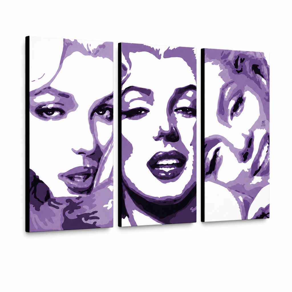 Ръчно рисувана картина POP Art Marilyn MONROE 3 парчета mon4 – 3D визуализация на ръчно рисувано платно на бял фон. Доминиращи цветове: лилаво, бяло, черно.
