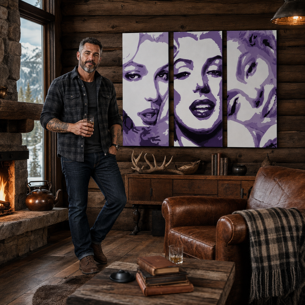 Ръчно рисувана картина POP Art Marilyn MONROE 3 парчета mon4 – картина в модерен мъжки интериор, lifestyle визуализация. Доминиращи цветове: лилаво, бяло, черно.