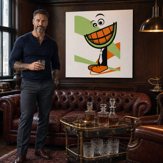 Ръчно рисувана картина POP Art MELON 1 брой пъпеш – картина в модерен мъжки интериор, lifestyle визуализация. Доминиращи цветове: оранжево, зелено, черно, бяло, кафяво.