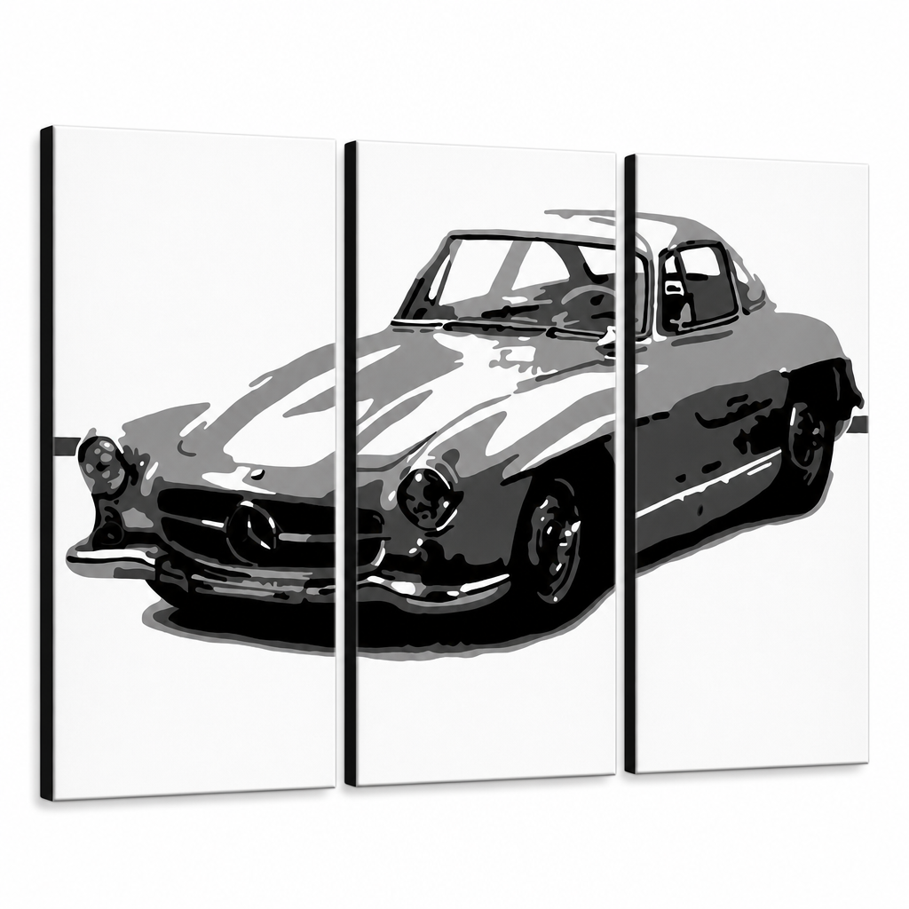 Ръчно рисувана картина POP Art MERCEDES SL300 3 броя – 3D визуализация на ръчно рисувано платно на бял фон. Доминиращи цветове: черно, бяло, сиво.