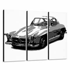 Ръчно рисувана картина POP Art MERCEDES SL300 3 броя – 3D визуализация на ръчно рисувано платно на бял фон. Доминиращи цветове: черно, бяло, сиво.