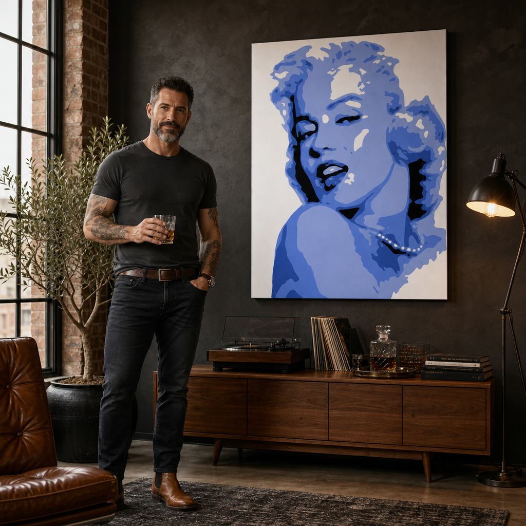 Ръчно рисувана картина POP Art Мерилин Монро 1 брой моно – картина в модерен мъжки интериор, lifestyle визуализация. Доминиращи цветове: синьо, бяло, черно.