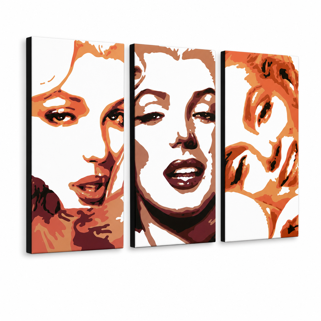 Ръчно рисувана картина POP Art Мерилин Монро 3 парчета mon2 – 3D визуализация на ръчно рисувано платно на бял фон. Доминиращи цветове: оранжево, кафяво, бяло.