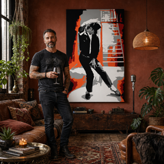 Ръчно рисувана картина POP Art Michael Jackson 1 брой mj4 – картина в модерен мъжки интериор, lifestyle визуализация. Доминиращи цветове: черно, червено, оранжево, бяло, сиво.