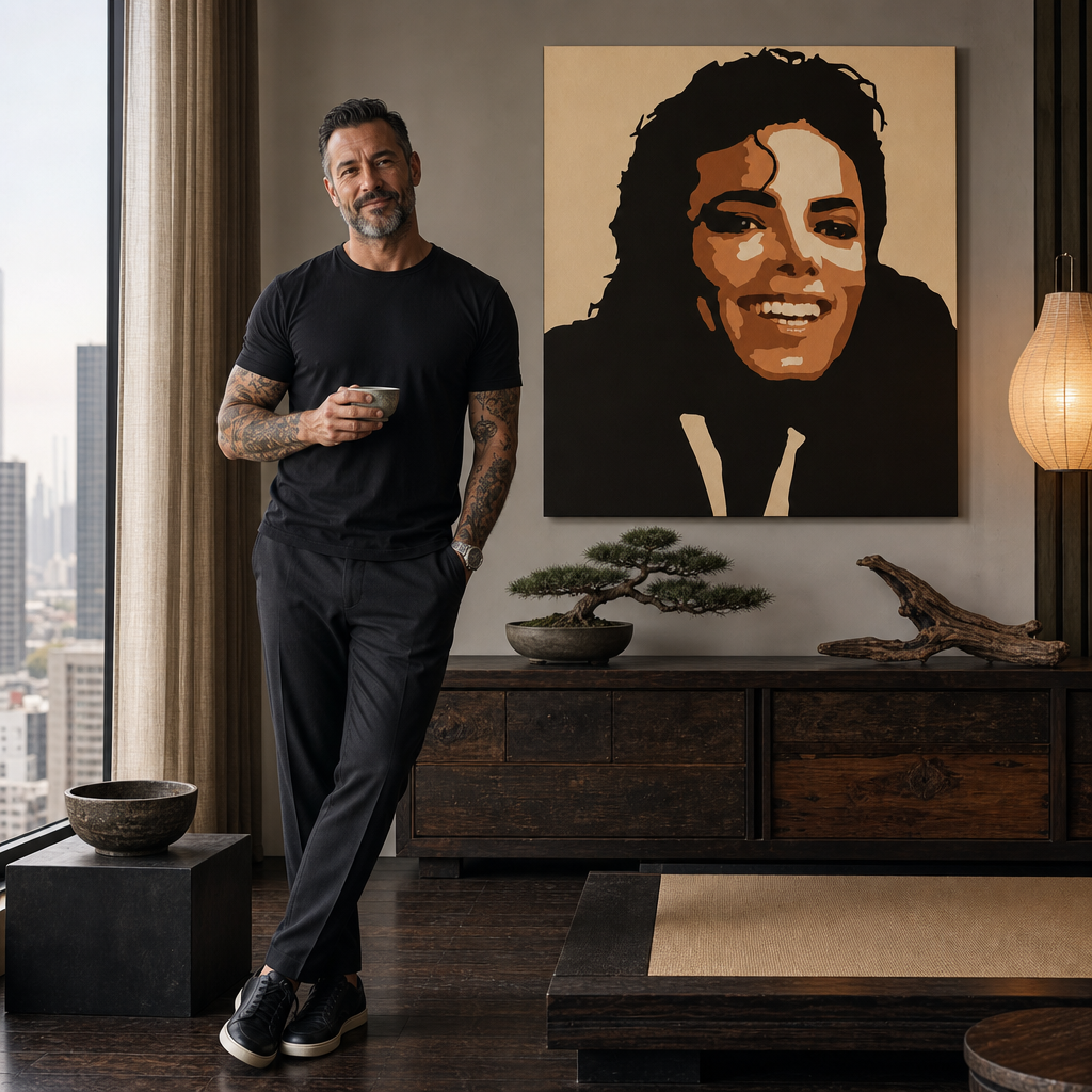 Ръчно рисувана картина POP Art Michael Jackson 1 брой mj6 – картина в модерен мъжки интериор, lifestyle визуализация. Доминиращи цветове: кафяво, оранжево, черно, бежово.
