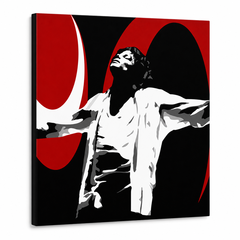 Ръчно рисувана картина POP Art Michael Jackson 1 част mj1 – 3D визуализация на ръчно рисувано платно на бял фон. Доминиращи цветове: черно, червено, бяло.
