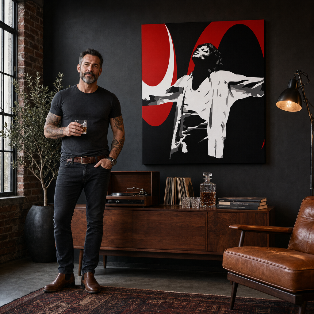 Ръчно рисувана картина POP Art Michael Jackson 1 част mj1 – картина в модерен мъжки интериор, lifestyle визуализация. Доминиращи цветове: черно, червено, бяло.