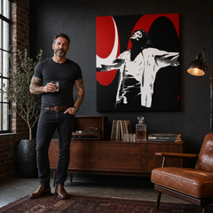 Ръчно рисувана картина POP Art Michael Jackson 1 част mj1 – картина в модерен мъжки интериор, lifestyle визуализация. Доминиращи цветове: черно, червено, бяло.