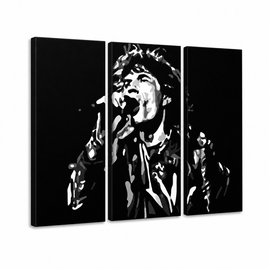 Ръчно рисувана картина POP Art Мик Джагър 3 парчета mick – 3D визуализация на ръчно рисувано платно на бял фон. Доминиращи цветове: черно, бяло, сиво.