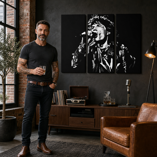 Ръчно рисувана картина POP Art Мик Джагър 3 парчета mick – картина в модерен мъжки интериор, lifestyle визуализация. Доминиращи цветове: черно, бяло, сиво.