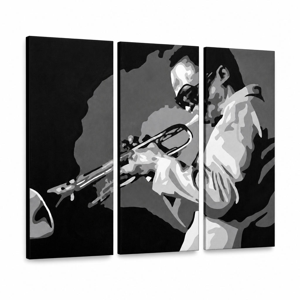 Ръчно рисувана картина POP Art Miles Davis 3 парчета md – 3D визуализация на ръчно рисувано платно на бял фон. Доминиращи цветове: черно, бяло, сиво.