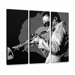 Ръчно рисувана картина POP Art Miles Davis 3 парчета md – 3D визуализация на ръчно рисувано платно на бял фон. Доминиращи цветове: черно, бяло, сиво.
