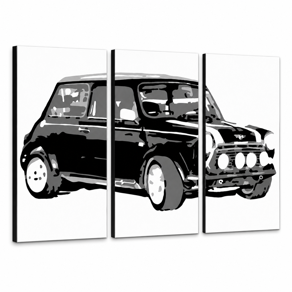 Ръчно рисувана картина POP Art MINI COOPER 3 броя мини – 3D визуализация на ръчно рисувано платно на бял фон. Доминиращи цветове: черно, бяло, сиво.