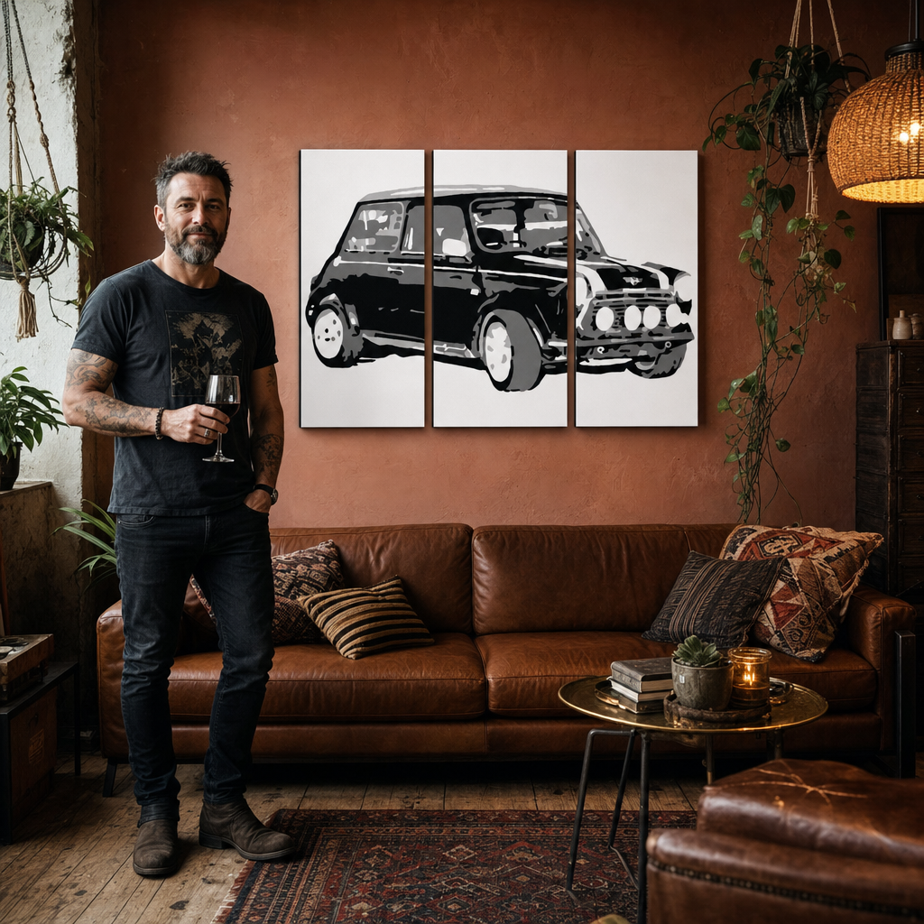 Ръчно рисувана картина POP Art MINI COOPER 3 броя мини – картина в модерен мъжки интериор, lifestyle визуализация. Доминиращи цветове: черно, бяло, сиво.