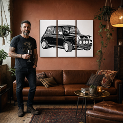 Ръчно рисувана картина POP Art MINI COOPER 3 броя мини – картина в модерен мъжки интериор, lifestyle визуализация. Доминиращи цветове: черно, бяло, сиво.