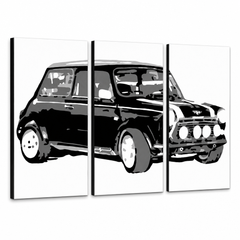 Ръчно рисувана картина POP Art MINI COOPER 3 броя мини – 3D визуализация на ръчно рисувано платно на бял фон. Доминиращи цветове: черно, бяло, сиво.