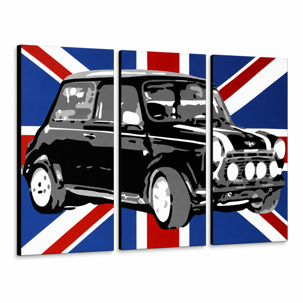 Ръчно рисувана картина POP Art MINI COOPER 3 части mini2 – 3D визуализация на ръчно рисувано платно на бял фон. Доминиращи цветове: черно, синьо, бяло.