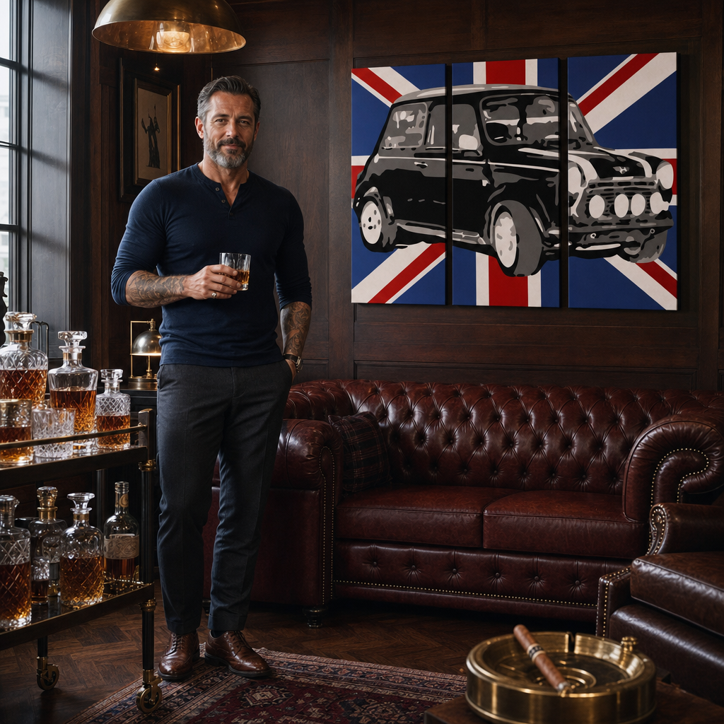 Ръчно рисувана картина POP Art MINI COOPER 3 части mini2 – картина в модерен мъжки интериор, lifestyle визуализация. Доминиращи цветове: черно, синьо, бяло.