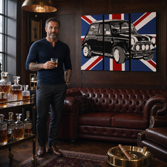 Ръчно рисувана картина POP Art MINI COOPER 3 части mini2 – картина в модерен мъжки интериор, lifestyle визуализация. Доминиращи цветове: черно, синьо, бяло.