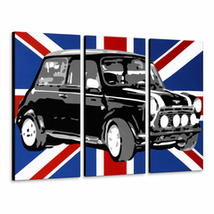 Ръчно рисувана картина POP Art MINI COOPER 3 части mini2 – 3D визуализация на ръчно рисувано платно на бял фон. Доминиращи цветове: черно, синьо, бяло.