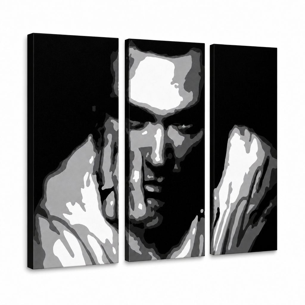 Ръчно рисувана картина POP Art Morrisey 3 парчета чума – 3D визуализация на ръчно рисувано платно на бял фон. Доминиращи цветове: черно, бяло, сиво.