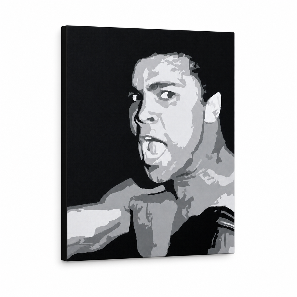 Ръчно рисувана картина POP Art Muhamad Ali 1 брой ali – 3D визуализация на ръчно рисувано платно на бял фон. Доминиращи цветове: черно, сиво, бяло.