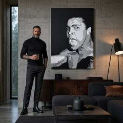 Ръчно рисувана картина POP Art Muhamad Ali 1 брой ali – картина в модерен мъжки интериор, lifestyle визуализация. Доминиращи цветове: черно, сиво, бяло.