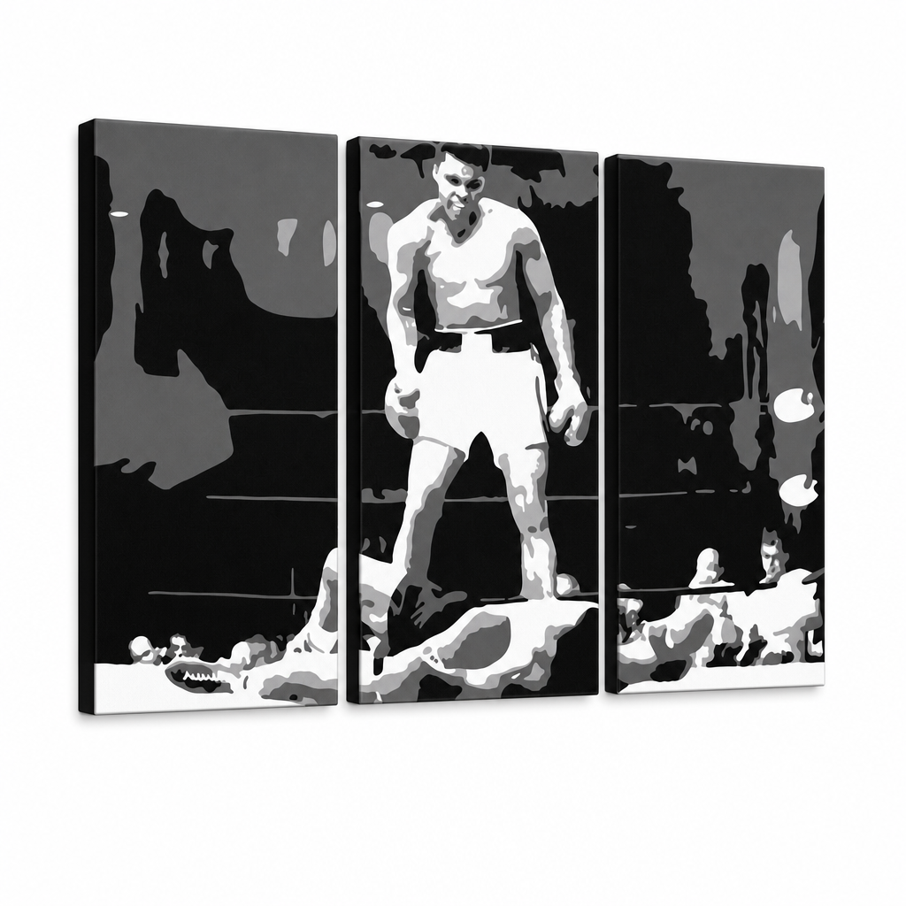 Ръчно рисувана картина POP Art Muhamad Ali 3 парчета ali2 – 3D визуализация на ръчно рисувано платно на бял фон. Доминиращи цветове: черно, бяло, сиво.