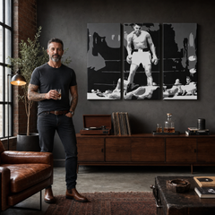 Ръчно рисувана картина POP Art Muhamad Ali 3 парчета ali2 – картина в модерен мъжки интериор, lifestyle визуализация. Доминиращи цветове: черно, бяло, сиво.