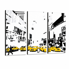 Ръчно рисувана картина POP Art NEW YORK 3 парчета 0107 nyc – 3D визуализация на ръчно рисувано платно на бял фон. Доминиращи цветове: жълто, черно, бяло.