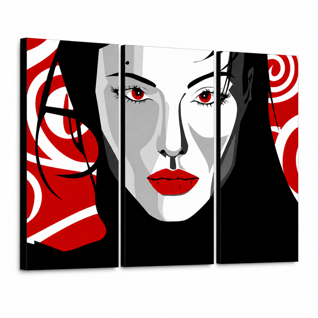 Ръчно рисувана картина POP Art Nice WOMAN 3 парчета nwoman – 3D визуализация на ръчно рисувано платно на бял фон. Доминиращи цветове: черно, червено, бяло.
