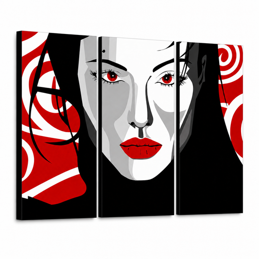 Ръчно рисувана картина POP Art Nice WOMAN 3 парчета nwoman – 3D визуализация на ръчно рисувано платно на бял фон. Доминиращи цветове: черно, червено, бяло.