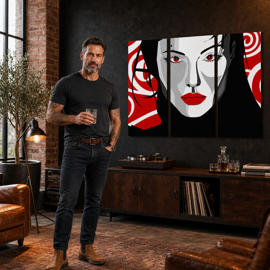 Ръчно рисувана картина POP Art Nice WOMAN 3 парчета nwoman – картина в модерен мъжки интериор, lifestyle визуализация. Доминиращи цветове: черно, червено, бяло.