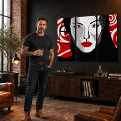 Ръчно рисувана картина POP Art Nice WOMAN 3 парчета nwoman – картина в модерен мъжки интериор, lifestyle визуализация. Доминиращи цветове: черно, червено, бяло.