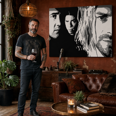 Ръчно рисувана картина POP Art Nirvana 1 брой nir – картина в модерен мъжки интериор, lifestyle визуализация. Доминиращи цветове: черно, бяло, сиво.