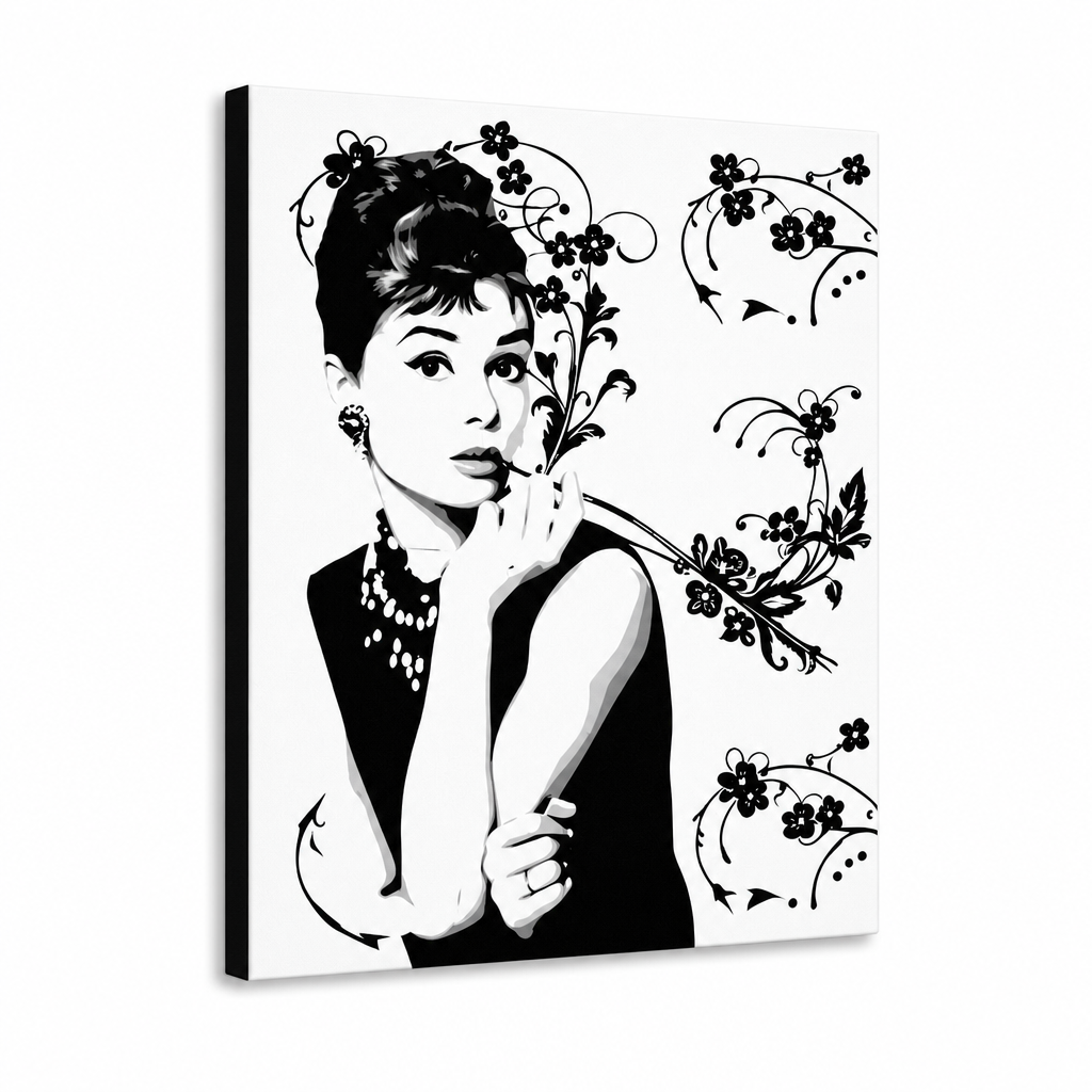 Ръчно рисувана картина POP Art Отстъпка -15% Audrey Hepburn ah4 – 3D визуализация на ръчно рисувано платно на бял фон. Доминиращи цветове: черно, бяло, сиво.