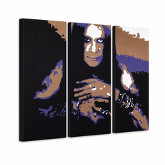 Ръчно рисувана картина POP Art Ozzy Osbourne 3 парчета Ozz – 3D визуализация на ръчно рисувано платно на бял фон. Доминиращи цветове: черно, лилаво, кафяво, бяло, синьо.