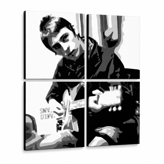 Ръчно рисувана картина POP Art Paul Weller 4 парчета pwl – 3D визуализация на ръчно рисувано платно на бял фон. Доминиращи цветове: черно, бяло, сиво.