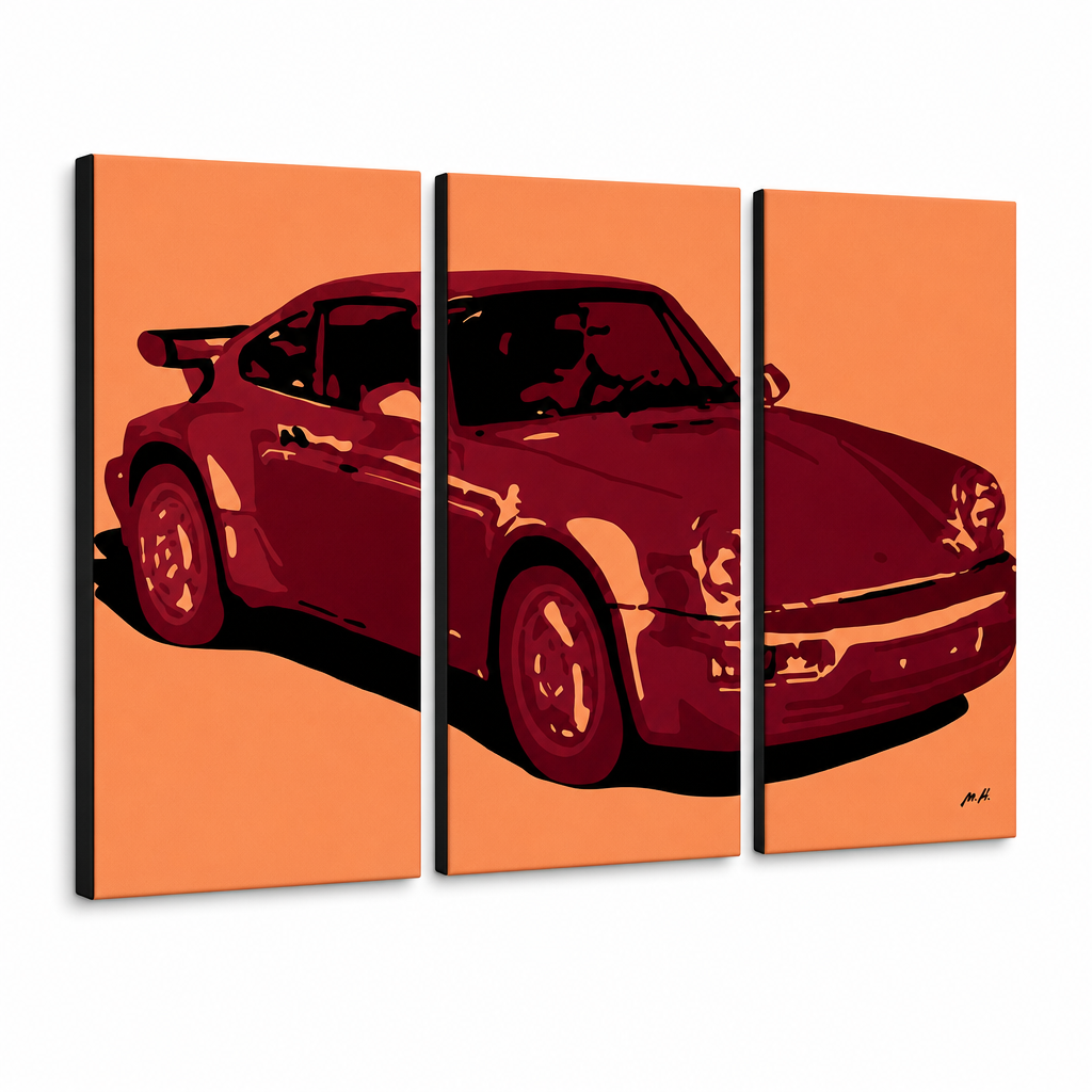 Ръчно рисувана картина POP Art PORSCHE 911 3 броя пор – 3D визуализация на ръчно рисувано платно на бял фон. Доминиращи цветове: оранжево, червено, черно.