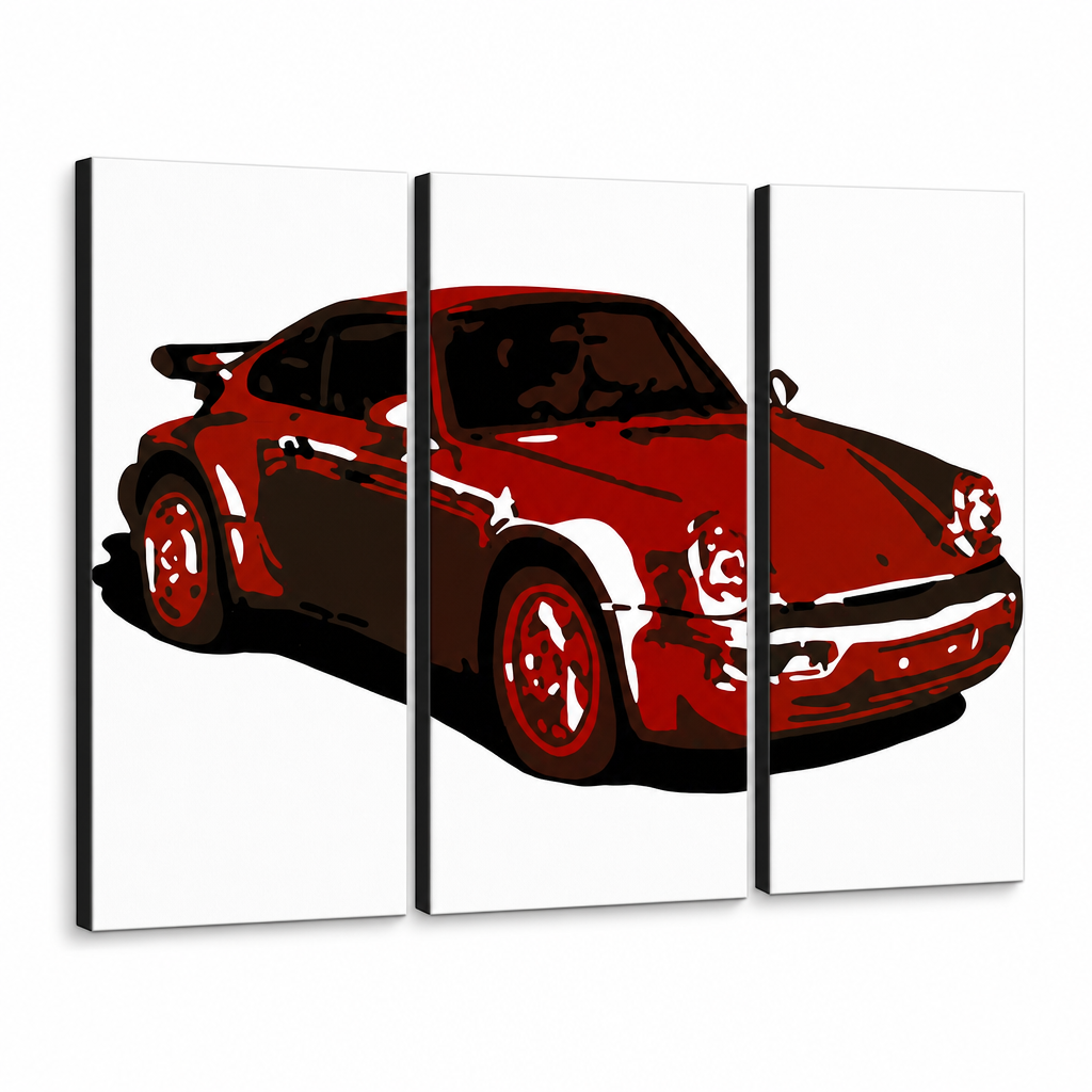 Ръчно рисувана картина POP Art PORSCHE 911 3 парчета por2 – 3D визуализация на ръчно рисувано платно на бял фон. Доминиращи цветове: червено, черно, бяло.