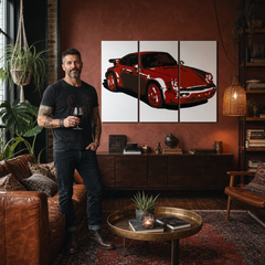 Ръчно рисувана картина POP Art PORSCHE 911 3 парчета por2 – картина в модерен мъжки интериор, lifestyle визуализация. Доминиращи цветове: червено, черно, бяло.