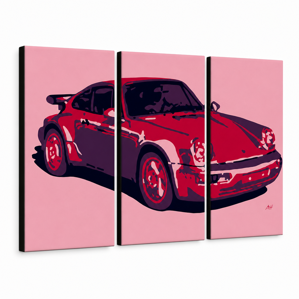 Ръчно рисувана картина POP Art PORSCHE 911 3 парчета por3 – 3D визуализация на ръчно рисувано платно на бял фон. Доминиращи цветове: червено, розово, черно.