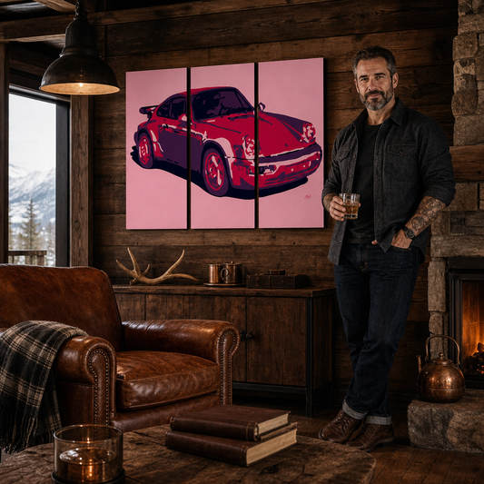 Ръчно рисувана картина POP Art PORSCHE 911 3 парчета por3 – картина в модерен мъжки интериор, lifestyle визуализация. Доминиращи цветове: червено, розово, черно.