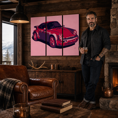 Ръчно рисувана картина POP Art PORSCHE 911 3 парчета por3 – картина в модерен мъжки интериор, lifestyle визуализация. Доминиращи цветове: червено, розово, черно.